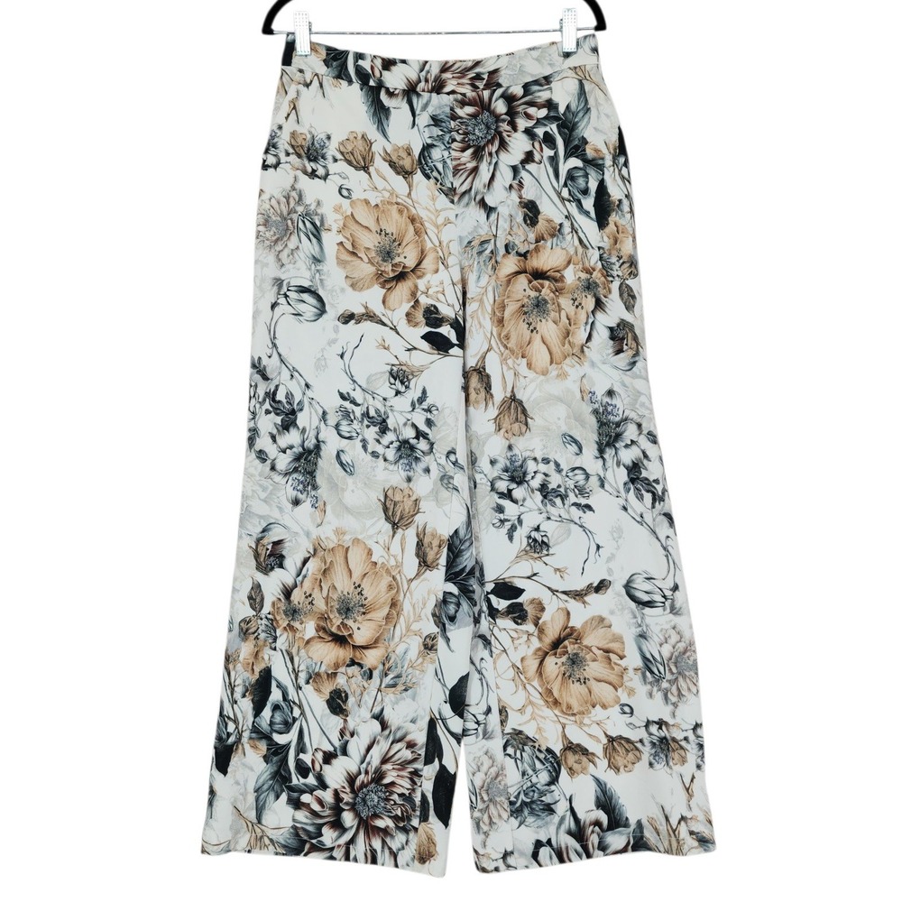 Tahari Wide Leg Pants M Womens Cream Floral High Rise Flowy Palazzo Lightweight